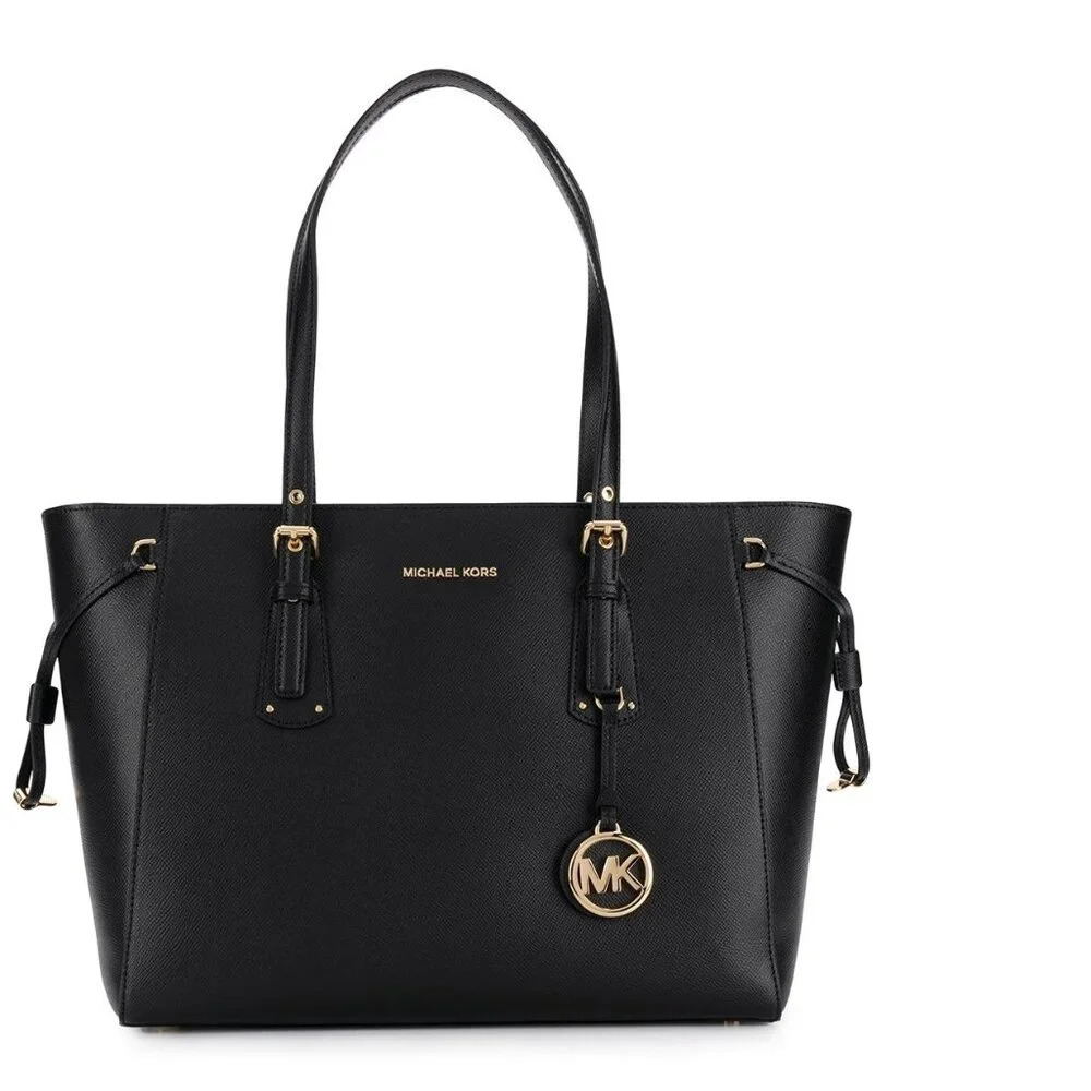 Black Voyager Medium Crossgrain Leather Tote Bag, Michael Kors, One Size